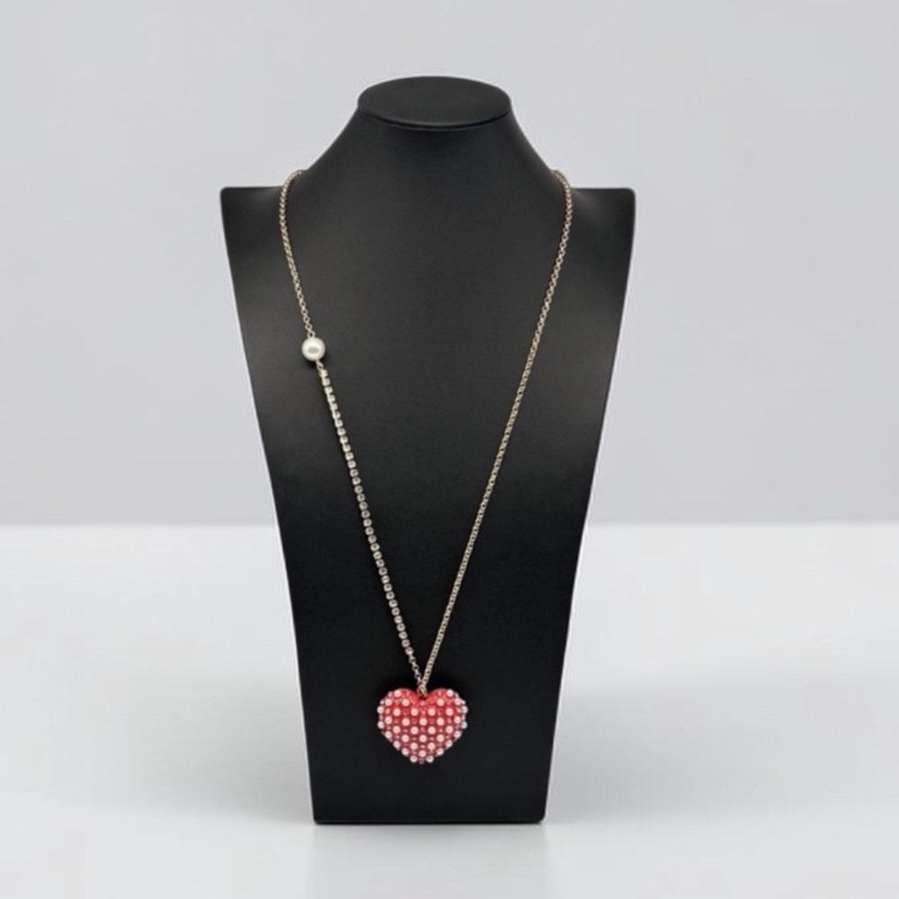 NWOT Betsey Johnson Enamel Crystal Pearl Heart Pendant Necklace 34–36” Signed